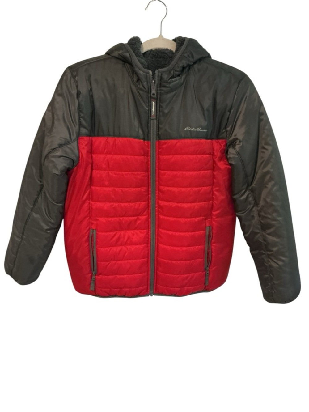 Eddie Bauer Kids Puffer Jacket Size L 14/16 Red Gray Hooded Warm Winter Coat